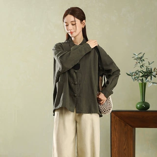 棉麻女装新中式设计感复古文艺盘扣茶服衬衣女国风立领开衫外套女