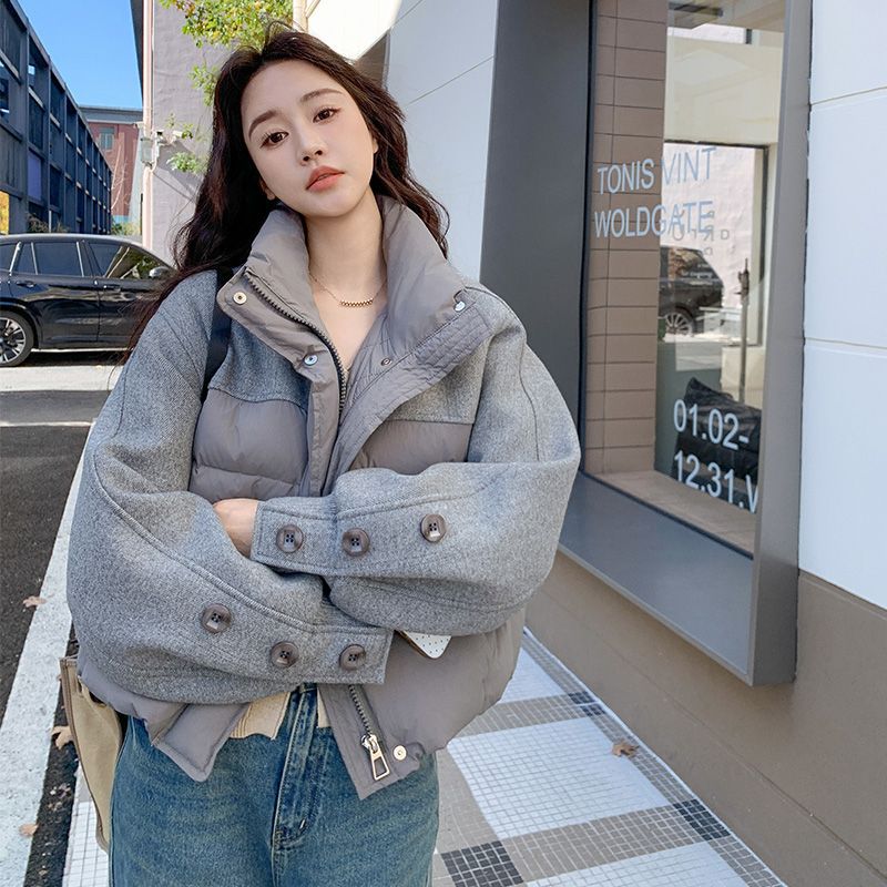 毛呢拼接羽绒服女2025冬新款小个子保暖加厚白鸭绒外套