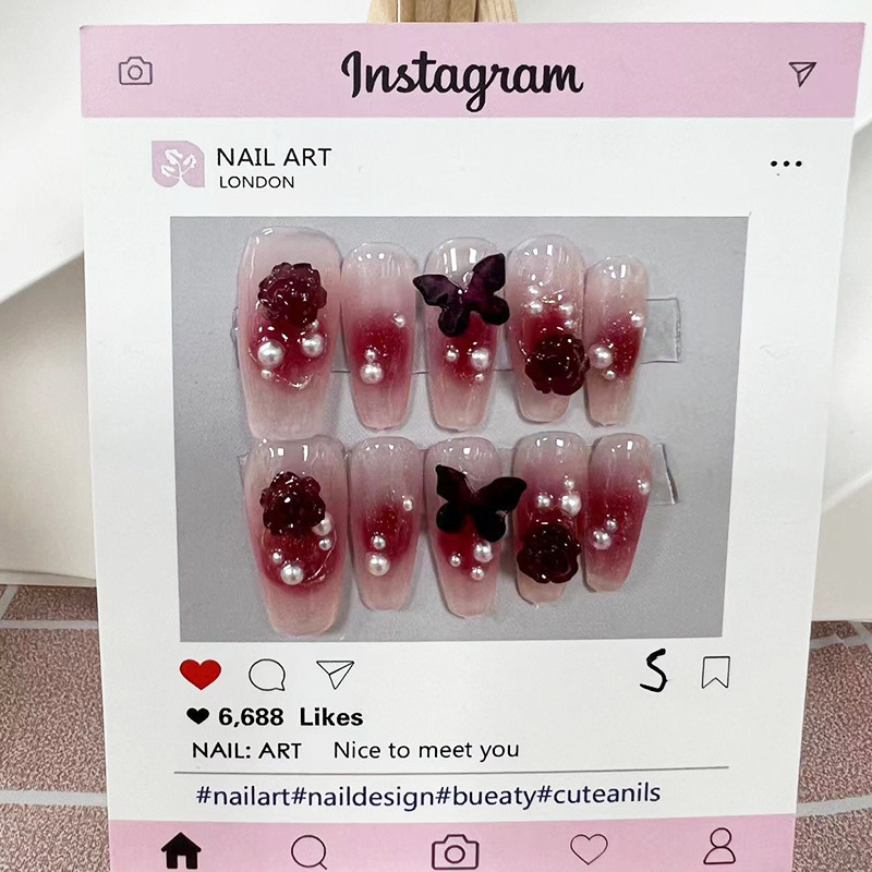 Kaiman nuevo hecho a mano de fototerapia desgaste de uñas chica caliente vino rojo Camelia mariposa desgaste uñas especial pieza de uñas al por mayor