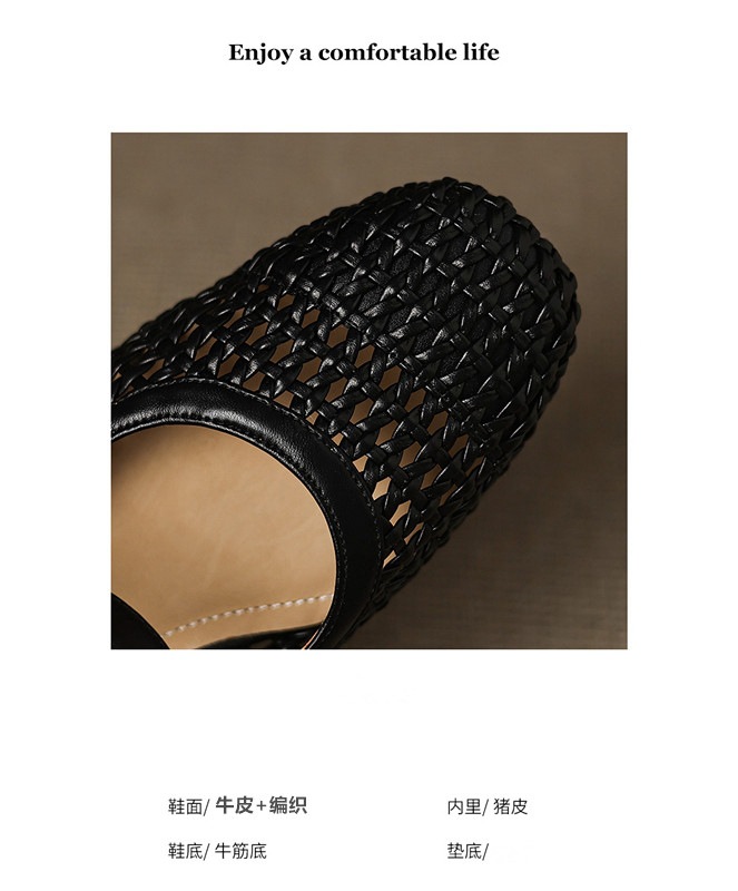 Dép sandal nữ quai ngang đế thấp mũi vuông da bò dệt kiểu La Mã — đen chi tiết 3
