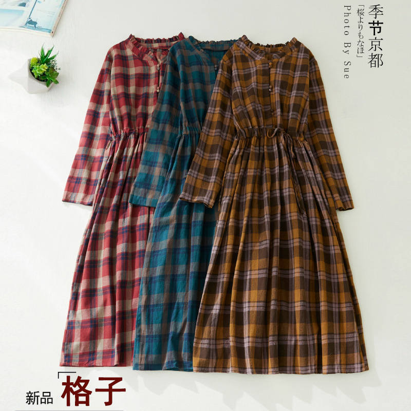 Real Shot of 2025 New Autum Style Artistic Loose Cotton and Linen Plaid Long-Sleeved Dress for Women with Waist and Mid-Length Real Shot of 2025 New Autum Style Artistic Loose Cotton and Linen Plaid Long-Sleeved Dress for Women with Waist and Mid-Length
