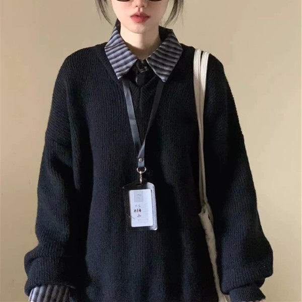 黑色宽松假两件毛衣女2025秋冬新款慵懒感百搭韩系V领针织衫上衣|undefined