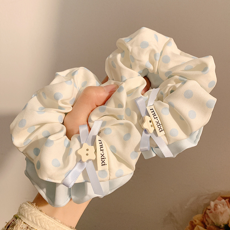 Koreaanse blauwe stippen scrunchie voor dames haaraccessoire_voghion.com