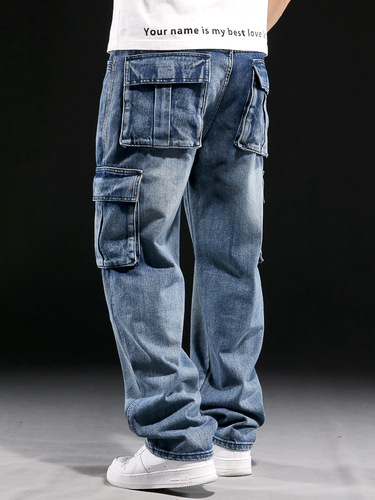 American multi-pocket European and American workwear jeans for men, wide-leg loose plus-size mirror exclusive supply