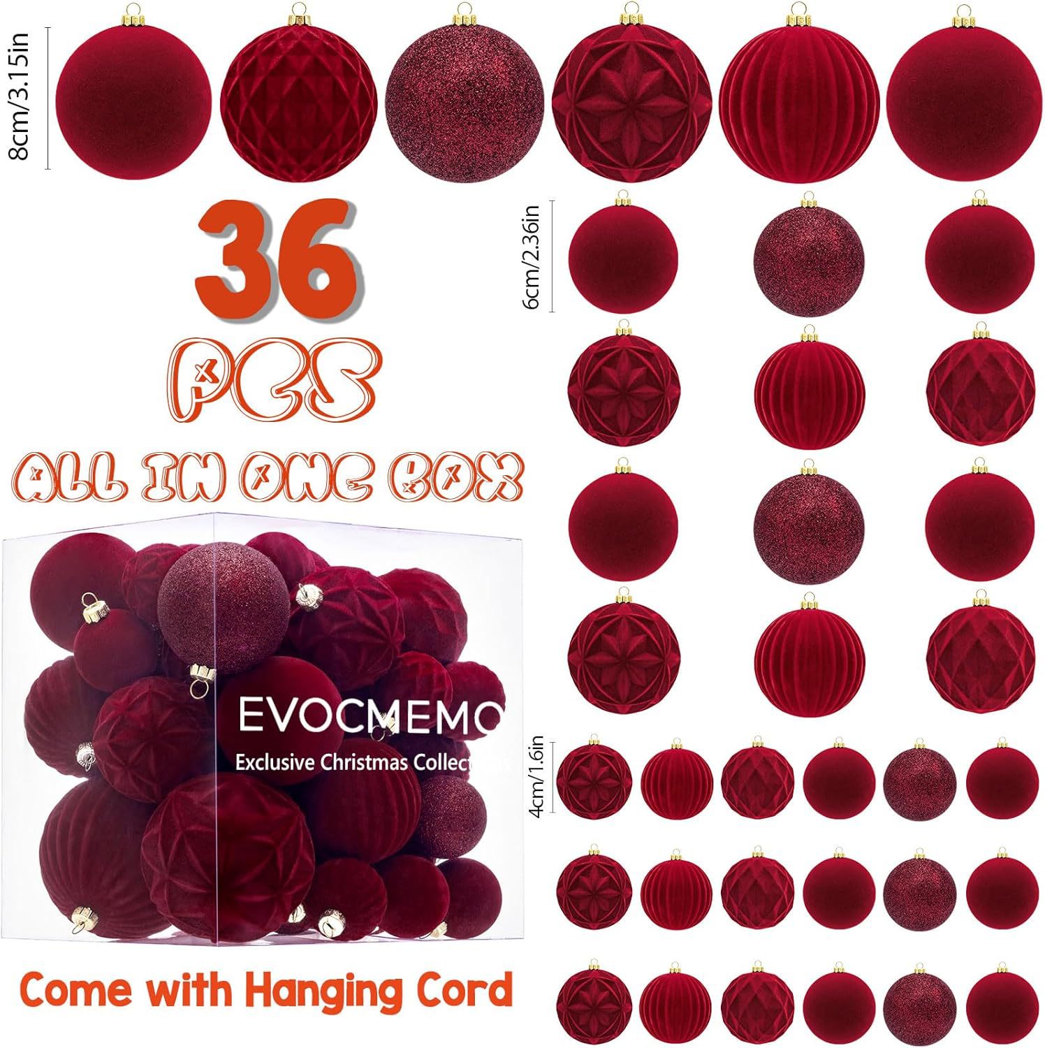 Amazon nuevo 4/6/8CM36PCS terciopelo bola de Navidad colgante anti-trituración joyería de Navidad conjunto al por mayor