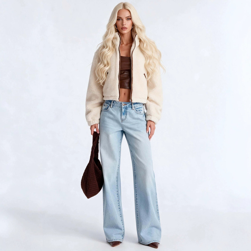 European and American cross-border short faux shearling American-style short autumn and winter stand-up collar zipper solid color warm slimming versatile jacket European and American cross-border short faux shearling American-style short autumn and winter stand-up collar zipper solid color warm slimming versatile jacket