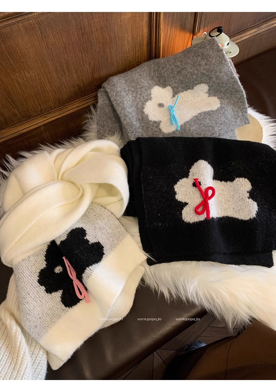 Winter 2024 New Warm Knitted Female Cute Rabbit Bow Leisure Outdoor Windproof and Cold resistant Scarf_voghion.com