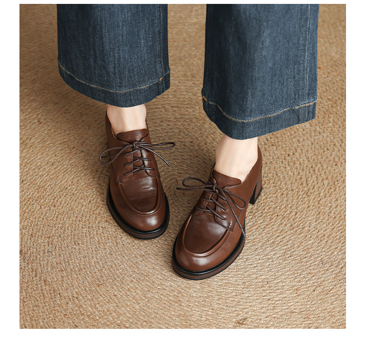 Giày cao gót nữ mũi tròn bít da bò, gót 7,6 cm, buộc dây, phong cách retro — Chiều cao gót màu nâu 7.6cm chi tiết 2