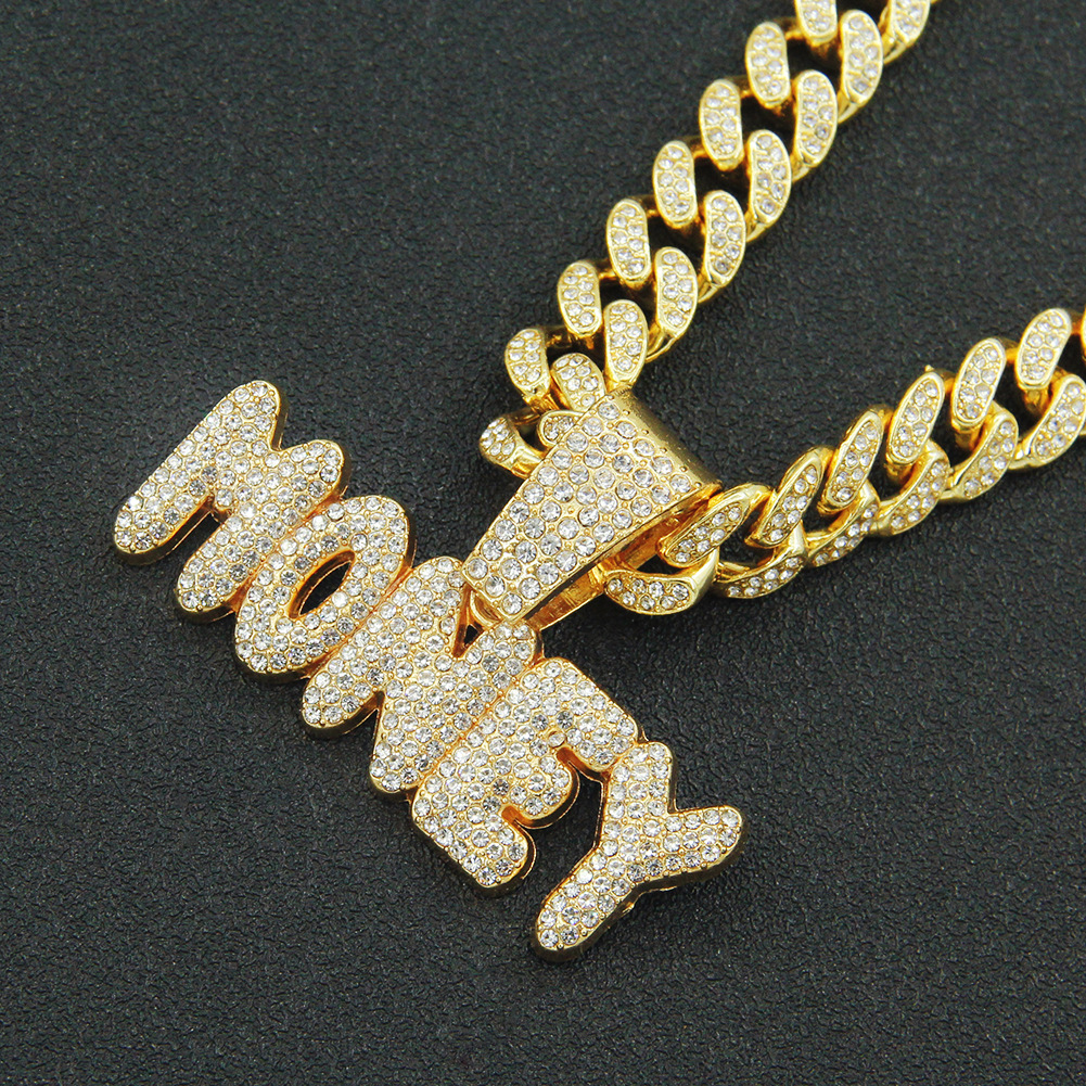 hip-hop full diamond letter pendant punk wide Cuban chain menu0027s necklace