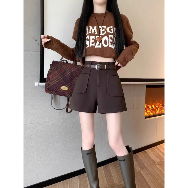 Workwear Woolen Shorts Women's Autumn and Winter High Waist Slimming Casual Wide Leg Pants 2024 New Style Little Leggings Boots Pants