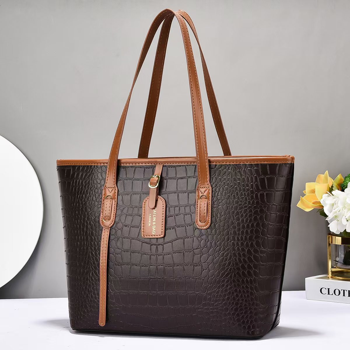 Women's Large Crocodile Pattern Tote Shoulder Bag Faux Leather_voghion.com