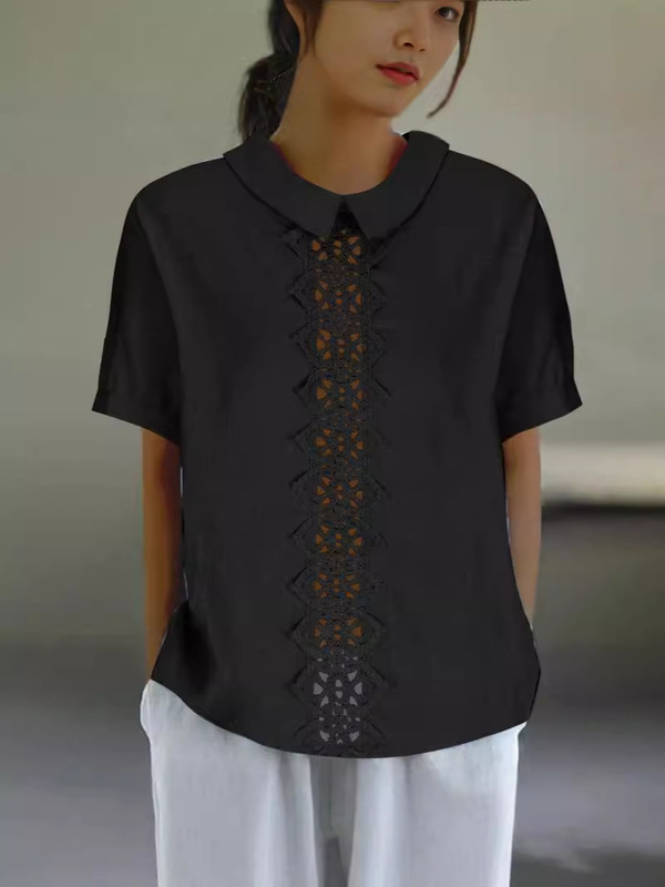 綿麻の網のレースの独立した駅の新型のゆったりした襟のシャツの女性の半袖の上着のtシャツをつなぎ合わせます。|undefined