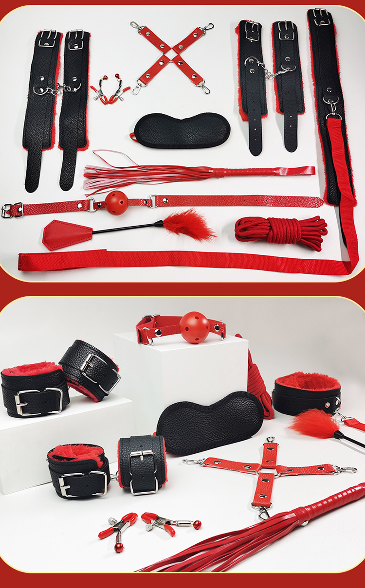 SM Bondage Ten-Piece Set, Black and Red, PU Leather and Plush, Nipple Clamps, Cuffs, Gag — detail image 3