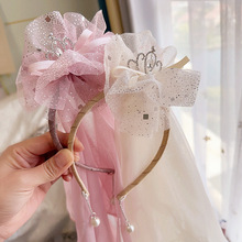 新款韩系公主风亮片网纱花苞镶钻皇冠儿童生日披纱头纱发饰发箍
