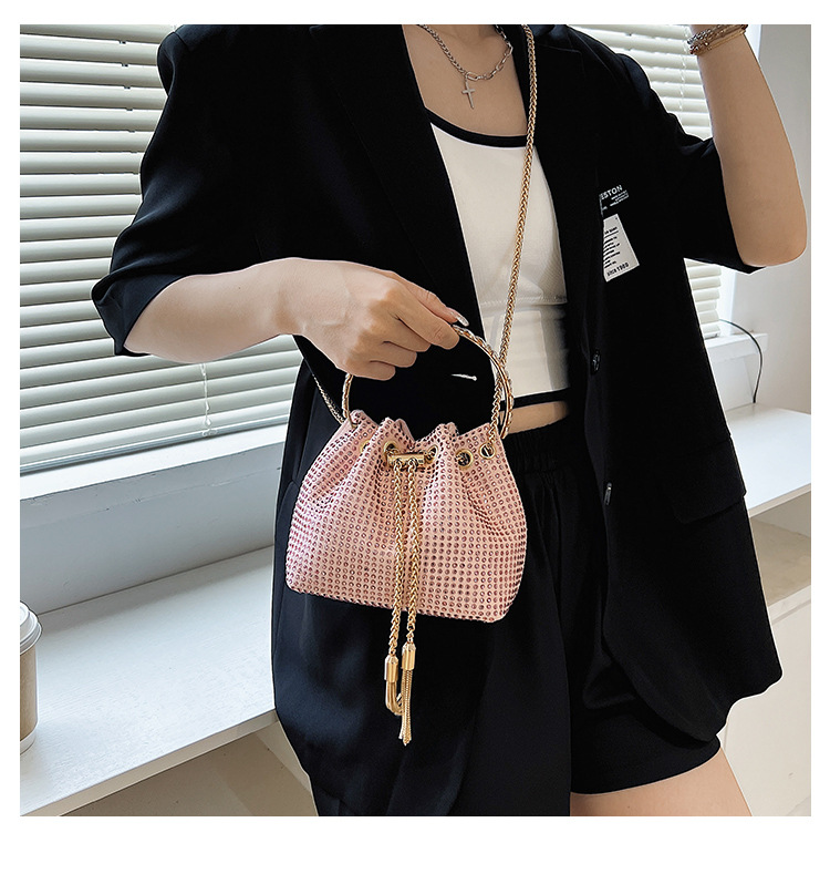328g Weight Polyester Lining Material String Closure Type Single Shoulder Strap Strap Type Bucket Bag Bags Type Shopping Occasion Pu Leather Material Solid Color Pattern Women'S Gender Rhinestone Design Fashion Style Bucket Shape Small Size Women's Small Pu Leather Fashion Bucket Bag 14