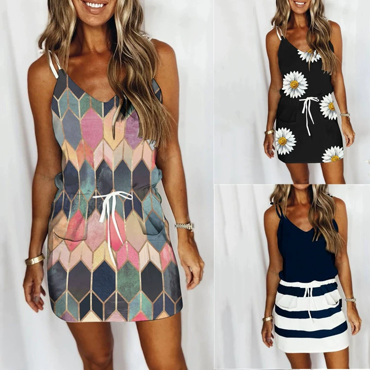 2023 новая европейская и американская женская одежда wish Amazon AliExpress летняя цифровая печать подтяжка шнуровка