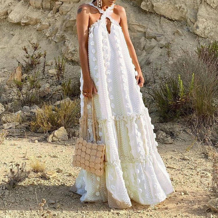 2025 Spring/Summer European and American New Solid Color Fashion Three-Dimensional Flower Floor-Length Cake Dress Cross-Border Long Dress Women's Halter Dress