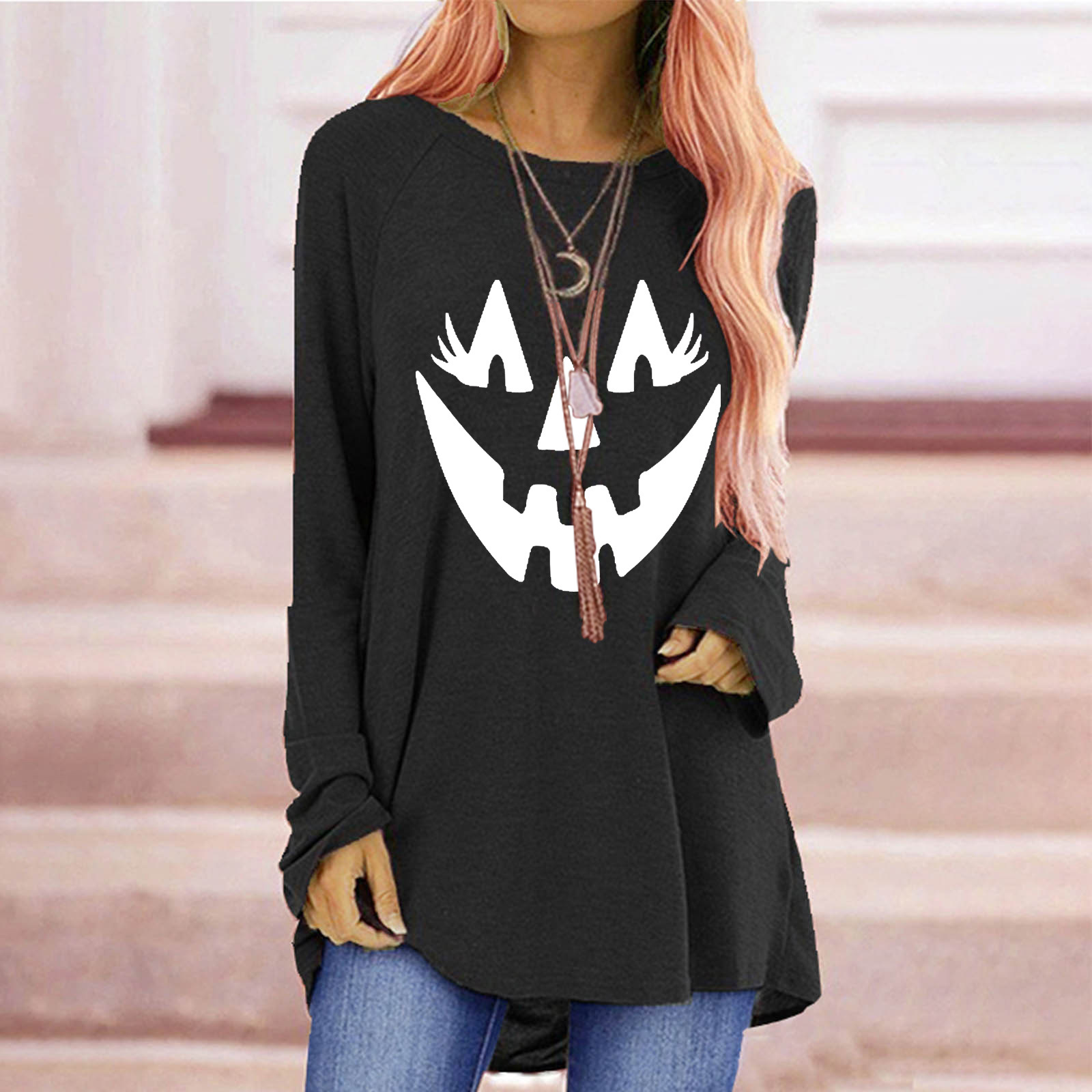 Women's T-shirt Long Sleeve T-shirts Printing Fashion Pumpkin Grimace display picture 5