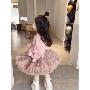 tuttu裙公主風裙女童蓬蓬裙奶茶色秋冬毛球針織上衣套頭毛衣套裝