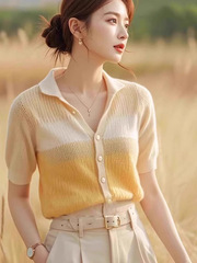 超見栄えの良いカラーブロックポロ半袖Tシャツシャツ女性用2025夏新作多用途西洋スタイルニットカーディガントップ