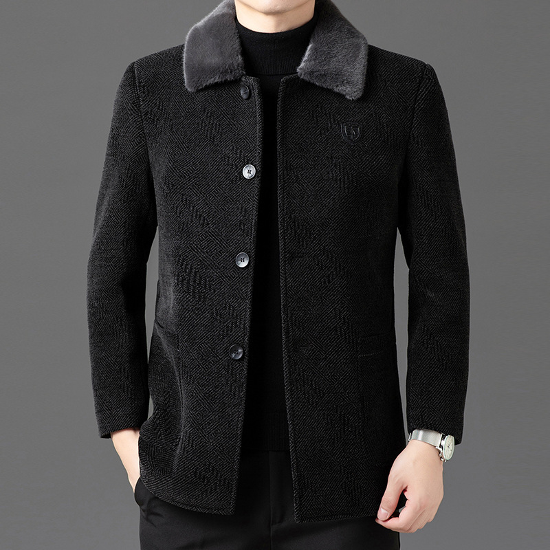 Middle-aged and elderly fleece-lined warm chenille jacket 2024 winter new middle-aged father short lapel men's coat