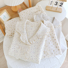 春秋睡衣女大码三层空气棉夹层田园碎花家居服暖气房长袖长裤睡衣