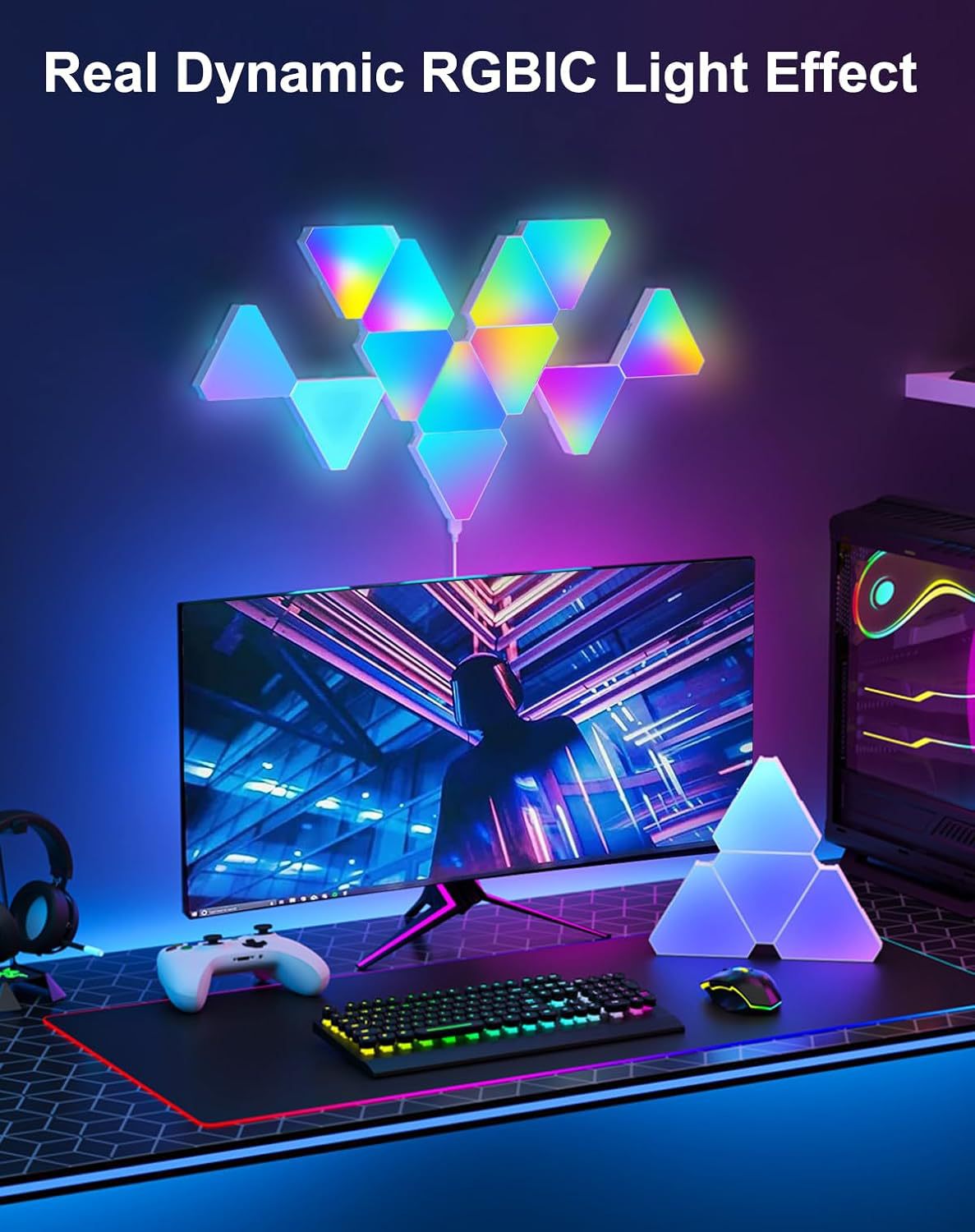 Pizarra de luz inteligente, música rítmica, luz cuántica, luz triangular, luz de ambiente de juego, luz de pared, luz de noche_voghion.com