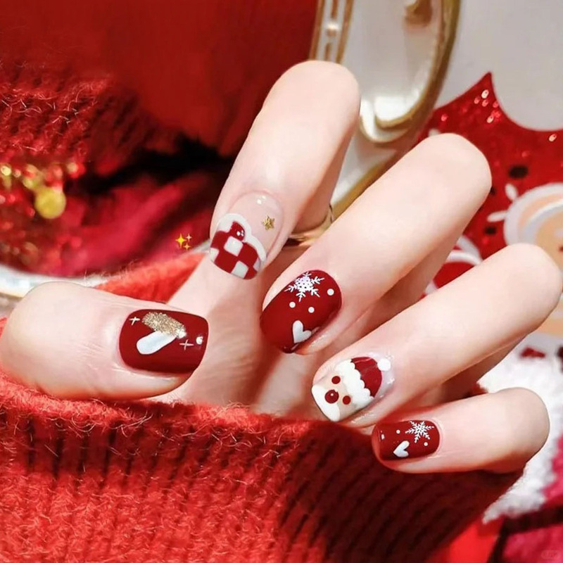 Short New Year Santa Claus Snowflake Red Chessboard Love Glitter Atmosphere 24 Wearable Nail Patch