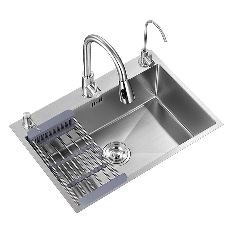 Fregadero de acero inoxidable fregadero de la cocina del hogar fregadero grande de un solo lavabo de lavado de vegetales de tres agujeros cepillado soporte de la cuenca entrega de una sola pieza