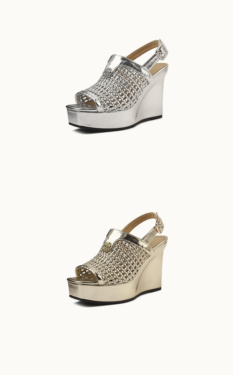 Sandal cao gót nữ đế xuồng chống nước, mũi hở kiểu miệng cá, da thật đan dệt, gót 9 cm — vàng, bạc chi tiết 2