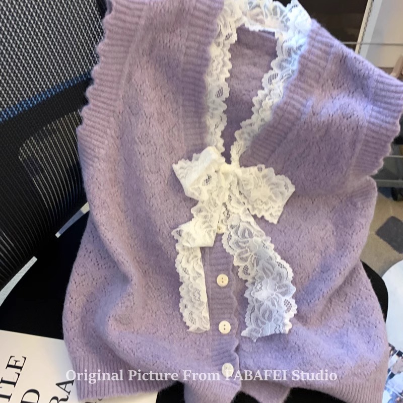 Tweed Style Lace Bow Vest Knitwear Women's 2025 New Spring and Autum Outer Layering Knitwear Vest