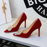 8355-H96 New Chinese style slim heel shallow mouth single shoe women's suede pointed wedding dress show and wedding shoes red super high heels