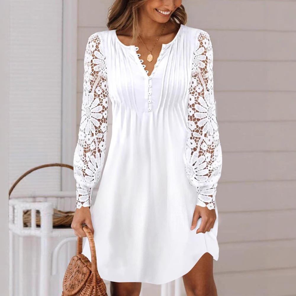 Independent Station 2025 Spring and Summer Women's New Cross-Border Amazon Aliexpress Fashion European and American Lace Long-Sleeved Dress