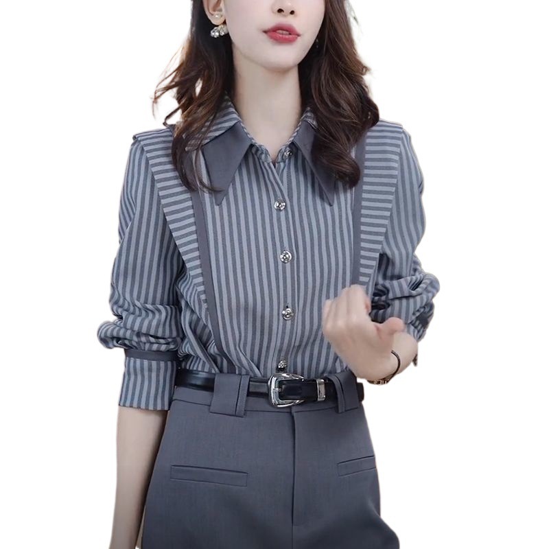 长袖条纹衬衫女士2025早秋季新款时尚减龄气质休闲显瘦设计感上衣|undefined