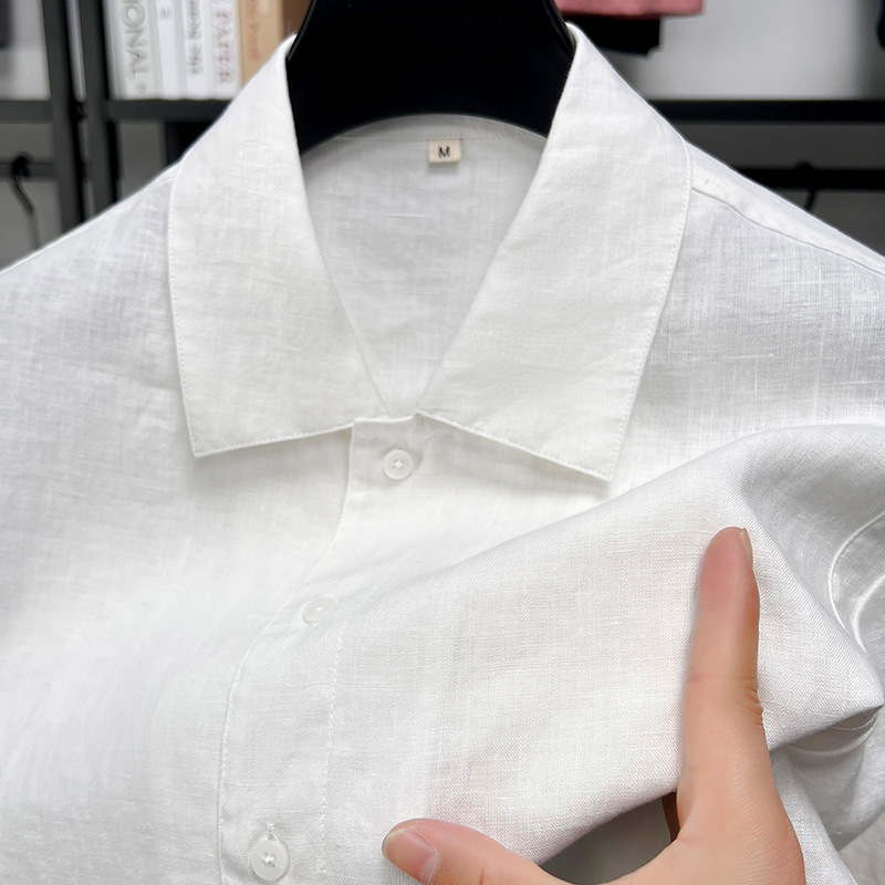 100% リネン半袖 Tシャツメンズシャツ無地ラペル夏の新しい中国風の若者と中年のシャツ薄いスタイル|undefined