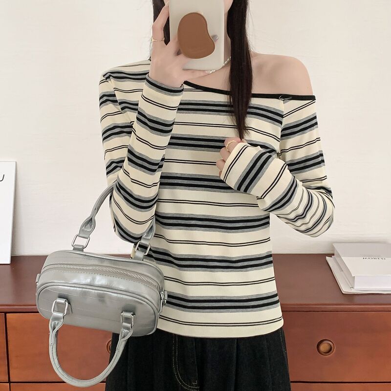 法式露锁骨条纹别致一字肩上衣女早秋新款小众设计长袖T恤打底衫|undefined