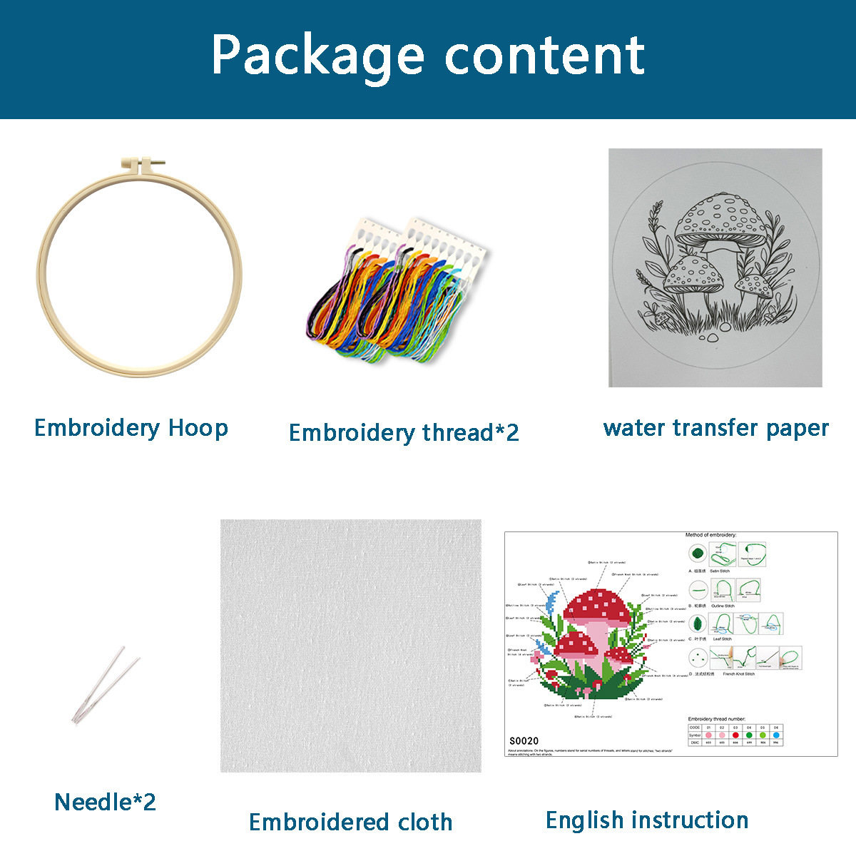 Hermosos hongos (1 hoja de papel soluble en agua + tela de bordado blanco + cantidad suficiente de hilo de bordado + 20 cm de espuma + dos agujas)