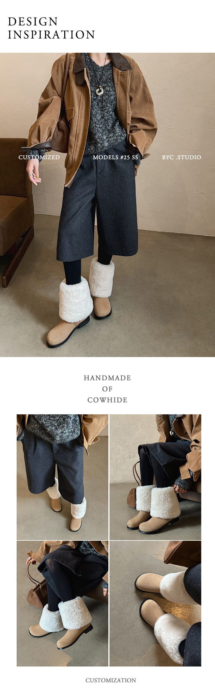 Boot nữ cổ cao lông mềm đế bằng, lót lông cừu dày dặn giữ ấm, kiểu lật cổ — màu nâu chi tiết 2