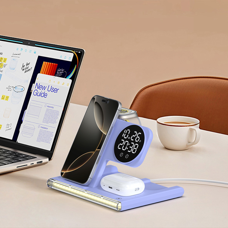 Double Coil Folding Five-In-One Wireless Charger Mobile Phone Watch Earphones Night Light Clock Multi-Function Wireless Charger