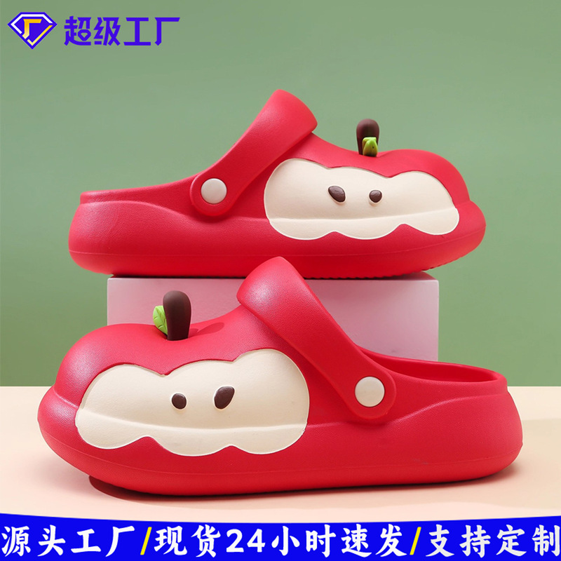 New Croc Shoes Women's Summer Outerwear Non-Slip Thick Sole Red Apple Cute Cartoon Beach Sandals for Women