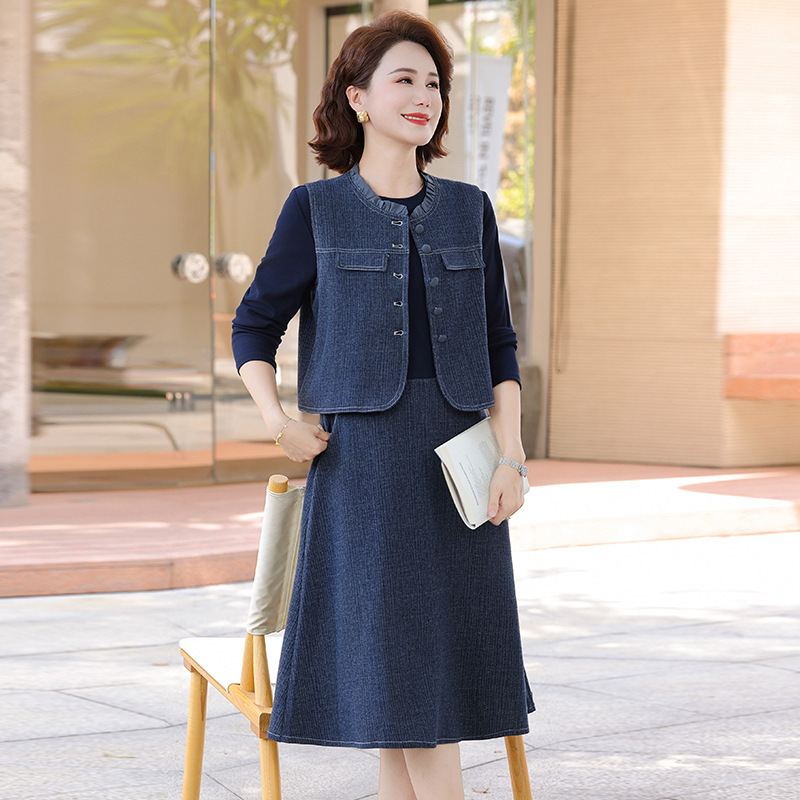 妈妈洋气质套装裙子2025秋季显瘦马甲外套婚礼连衣裙喜婆婆两件套|undefined