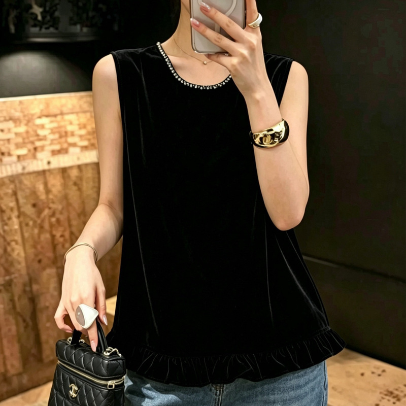 French-Style Silk Velvet Top with Ruffle Hem Design, Hand-Beaded Neckline, Small A-Line Versatile Shirt for Summer