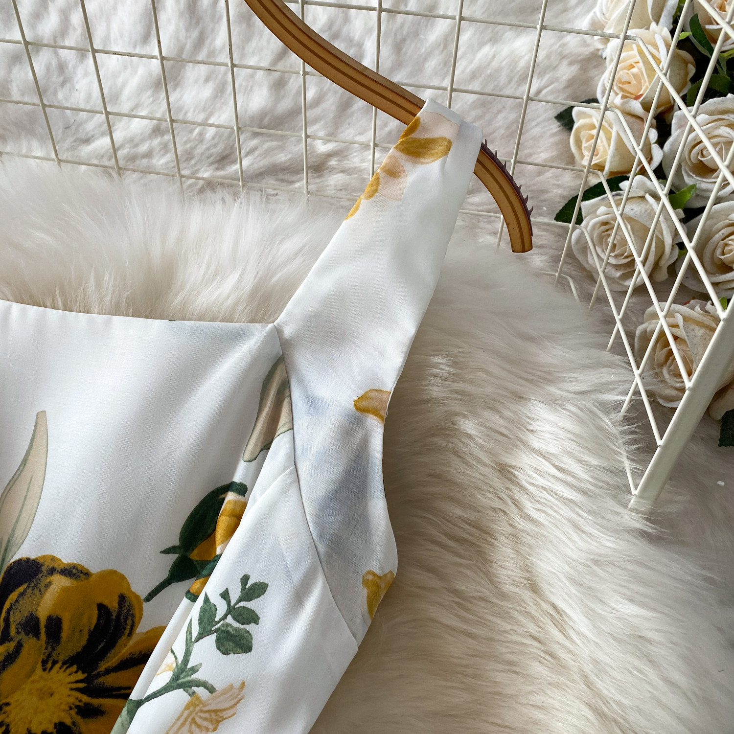 Romantic Floral Print Square Neck Dress European American Style Summer Suspender High Waist Cinching Slimming Full Skirt Women's Clothing_ecoleips.com