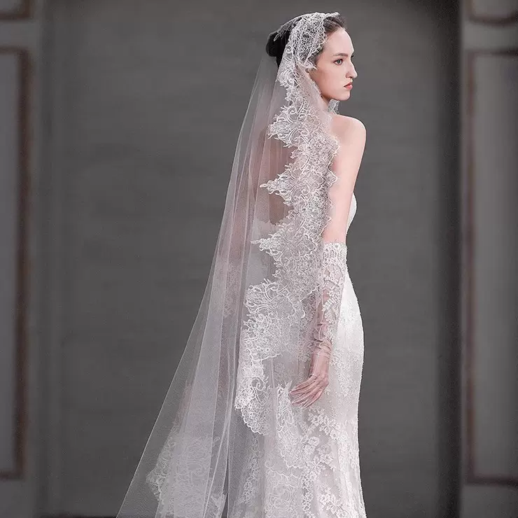 带发梳3米黑白色长睫毛蕾丝花边新娘结婚拖尾领证轻奢复古款头纱