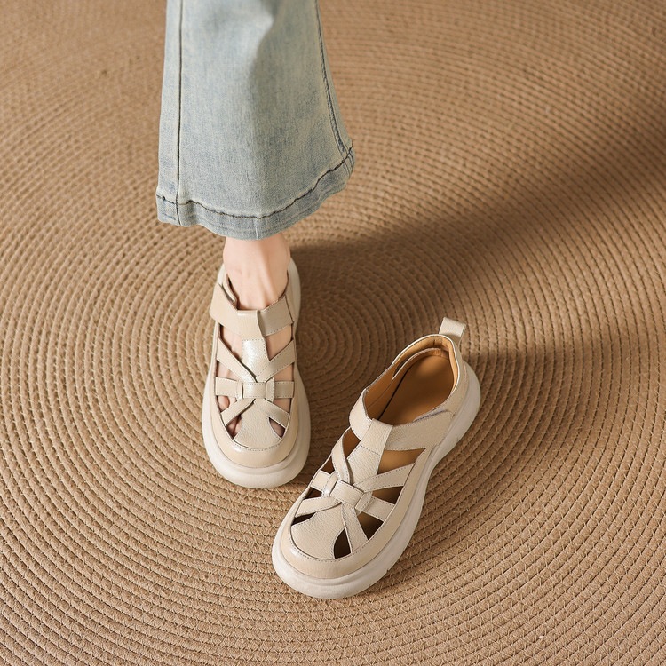 Sandal nữ đế dày da cừu phối quai ngang phong cách học đường — màu đen, màu trắng ngà chi tiết 69