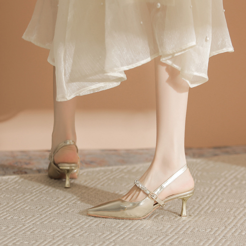 Gentle Little High-Heeled Pointed-Toe Shallow Mouth Zircon One-Line Stiletto Heels with 5cm Fairy Style Comfortable High-Heeled Shoes with Skirts