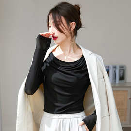 一件代发初秋长袖T恤女堆堆领韩版修身气质打底衫跨境抖音货源潮