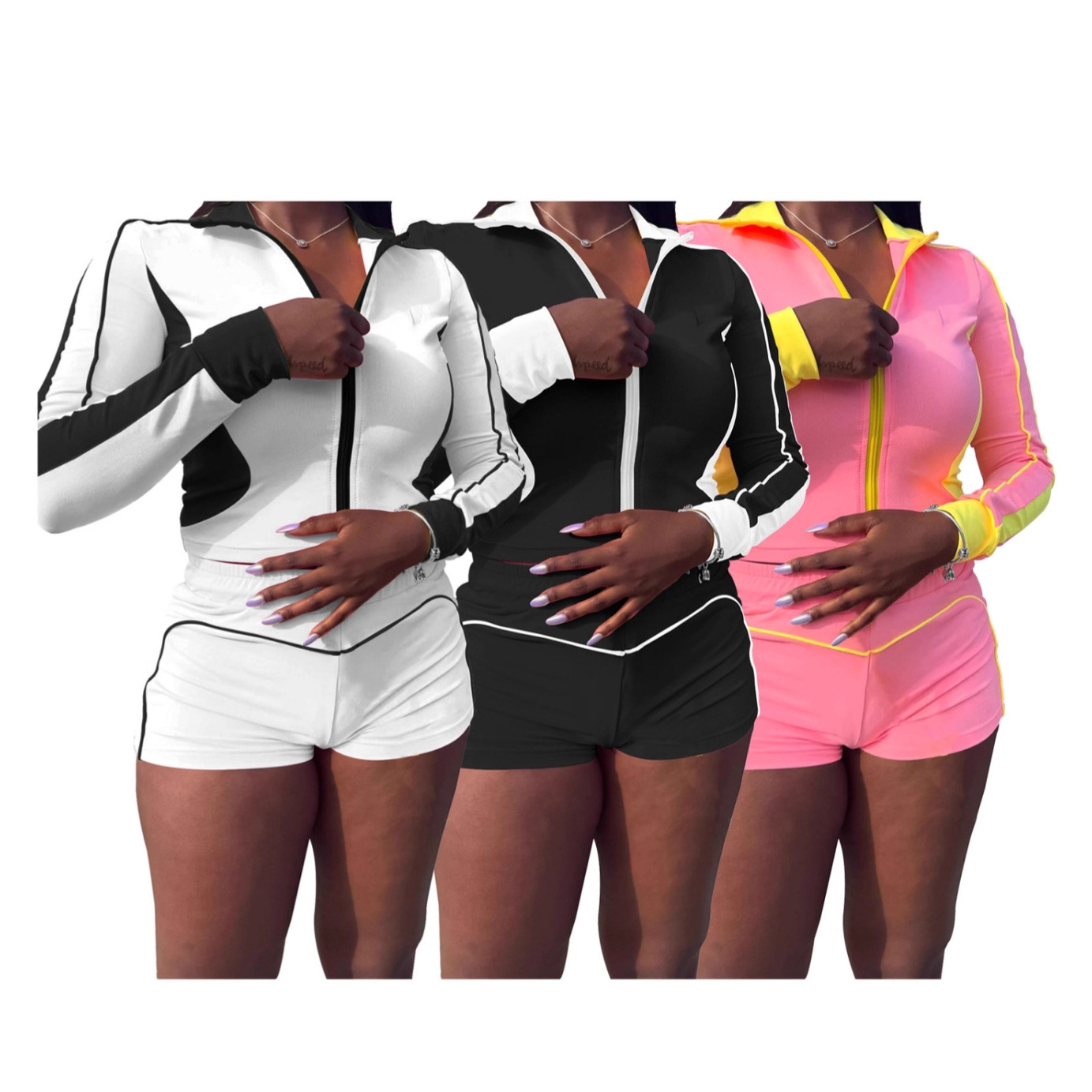 D10136 European and American Clothing Amazon 25 Summer Contrasting Color Stitching Pull-Up Long-Sleeved Shorts Elastic Sports Suit