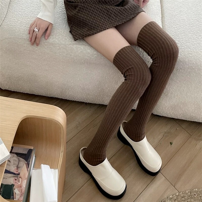 堆堆袜子女双针过膝长筒袜jK小腿袜美拉德条纹黑白色ins潮大腿袜|undefined
