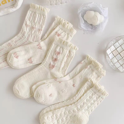 White lace edge knee-high socks, summer thin item, INS style JK cute sweet Japanese style 100% cotton bow tie wholesale